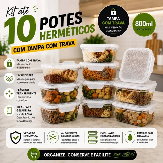 Kit até 10 Potes Herméticos Com Travas 800ml Plástico Transparente