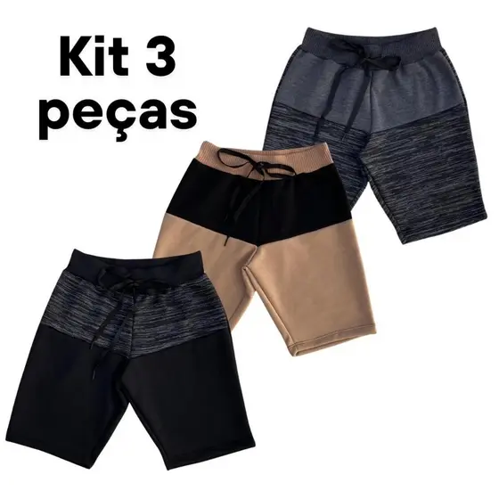 Kit 3 Bermudas Bicolor Shorts Infantil Masculina Moletom Moletinho Menino criança 02 a 12 anos
