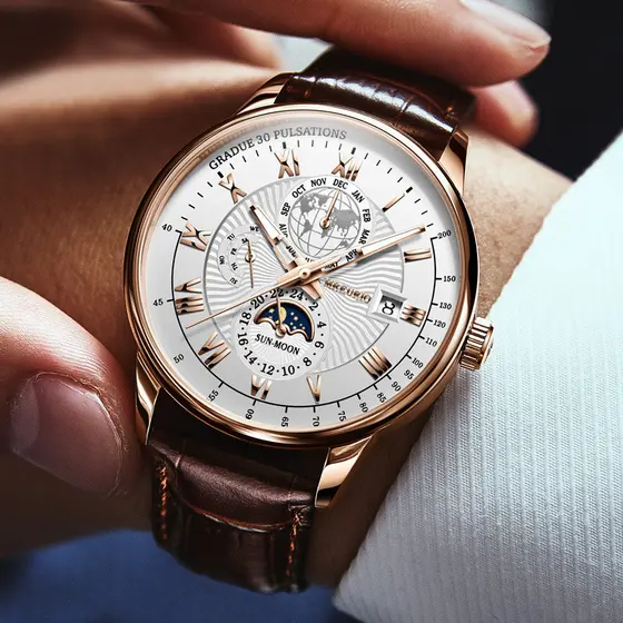 Relógio de moda masculino, relógio masculino com fases da lua, calendário e mostrador de céu estrelado, pulseira de cour