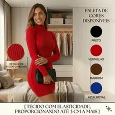 Vestido Tubinho Midi Manga Longa Gola Alta Canelado