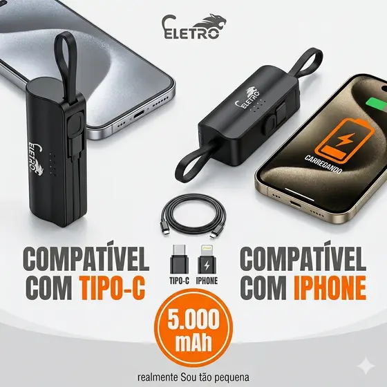 Carregador Portátil 5000mAh Mini Power Bank Compacto Com Conector Compatível Celular Android iPhone