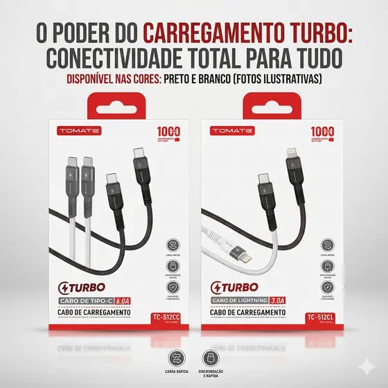Cabo Turbo Tomate Tipo-C Para iPhone 27W 3.0A e Tipo-C Para Tipo-C 60W Reforçado