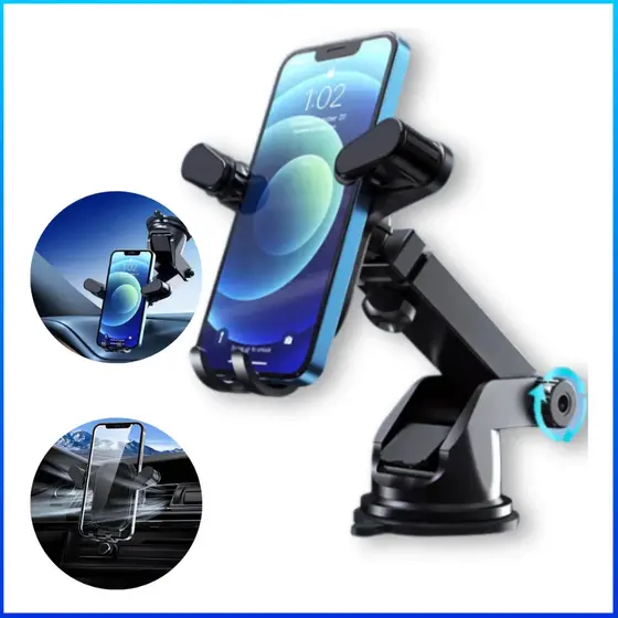 Suporte Veicular Universal 3 em 1 para Celular 360° Rotação Base Ventosa + Saída de Ar Painel Carro