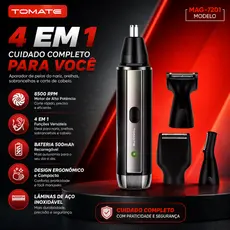 Aparador de Pelos 4 em 1 Recarregável USB Máquina de Acabamento Nariz Barba e Sobrancelha | Tomate