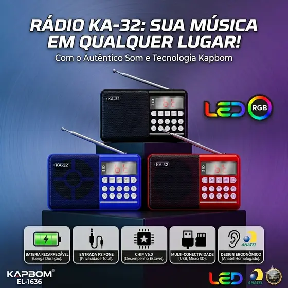 Caixa de Som Rádio FM Portátil KA-32 Bluetooth USB Micro SD Com Bateria Recarregável