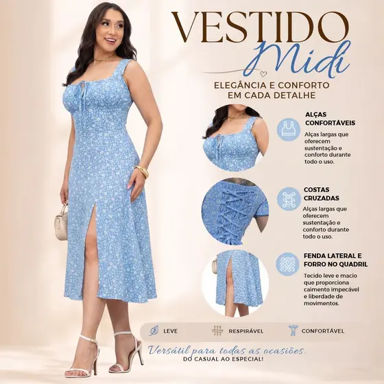 Vestido Midi Floral Feminino Alça Fina Verão Leve Soltinho Casual em tamanho M-G