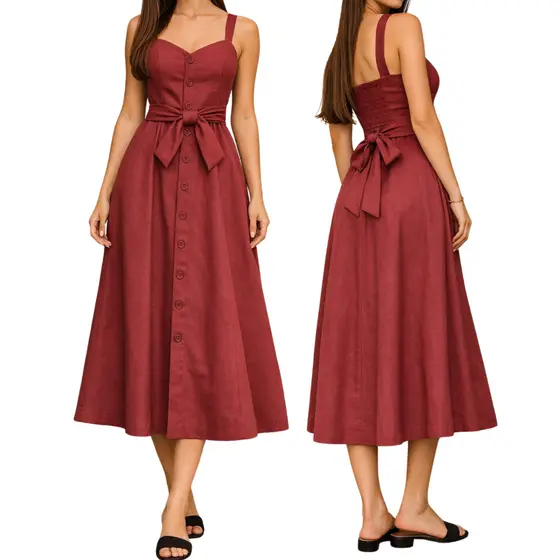 Vestido Feminino Midi Alça Larga com Laço na Cintura e Botões Look Elegante  e Sofisticado