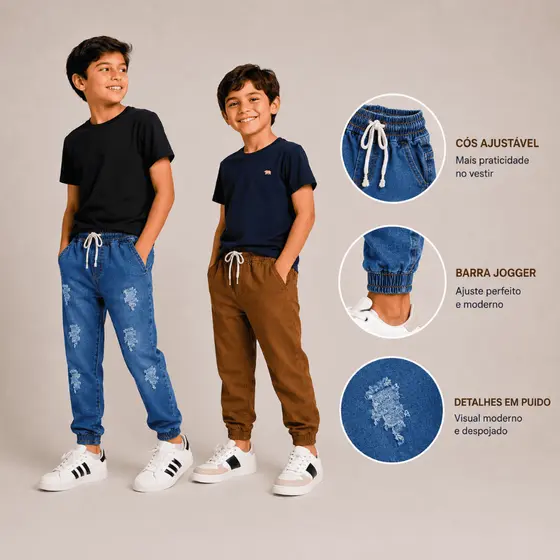 Kit 2 Calça Jogger Jeans e Sarja Brim Infantil, Juvenil Menino Cos Elástico Confortavel