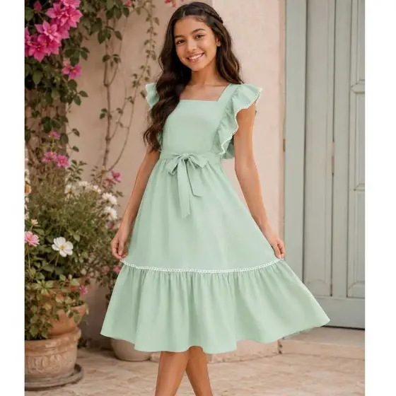 Vestido infantil juvenil com babado, detalhe de renda, lastex em costa, saia com renda laço na cintura