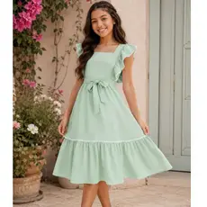 Vestido infantil juvenil com babado, detalhe de renda, lastex em costa, saia com renda laço na cintura