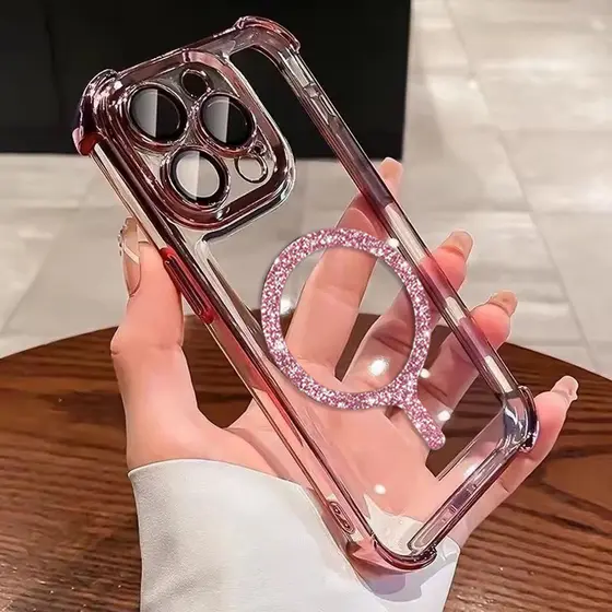 Chapeamento Transparente À Prova De Choque Glitter Magnético Caso De Telefone Para iPhone 17 15 16 14 11 12 13 Pro Max P