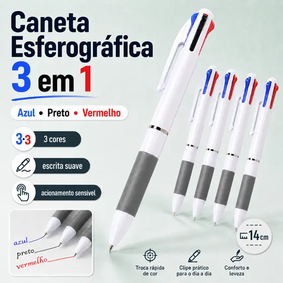 Kit Caneta Esferográfica 10/20/30 Un. 3 em 1 Azul Preta Vermelha Retrátil Escolar Escritório