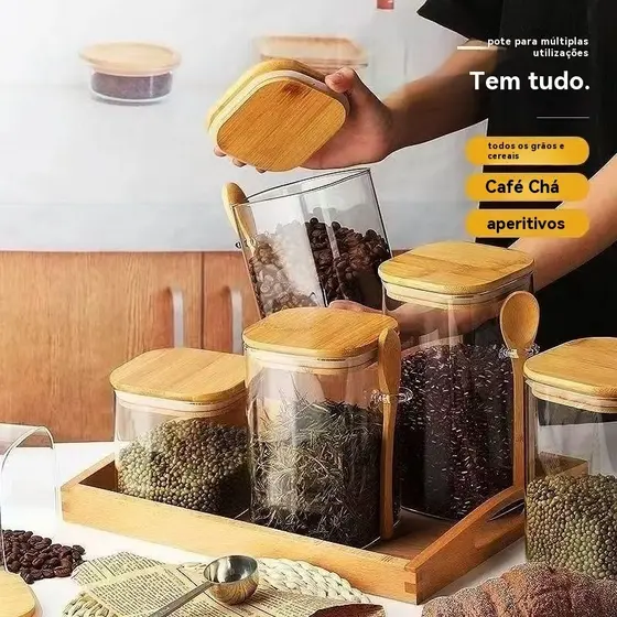 Frasco de vidro Pote De Vidro Redondo Tampa Bambu Hermético Com Colher  pote de vidro com tampa bambu