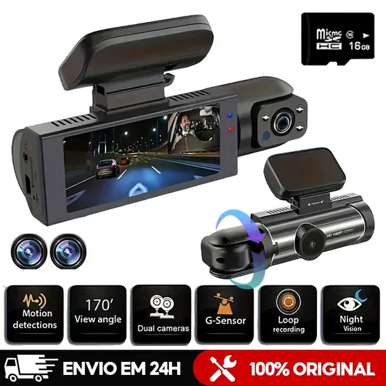 Câmera de Carro V9 ,1080P ,Com Visão Noturna e Câmera Frontal/Interna Lente Giratória 360° Com 16G TF