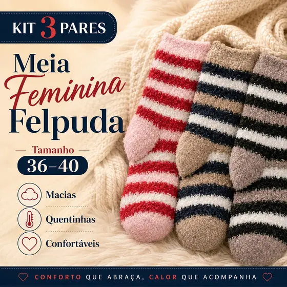 Kit 4 Pares Meia Cano Longo Felpuda Adulto P/ Frio E Inverno