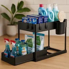 Organizador Pia Cozinha Banheiro 2 Níveis Gaveta Deslizante Prateleira Armário Metal Cesto 40cm