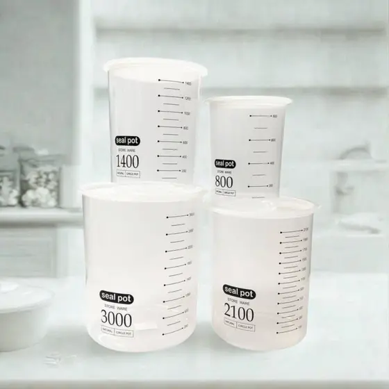 Kit 4 Potes Herméticos com Medidor Plástico Multiuso Marmita Comida Refeição Frutas Geladeira Alimentos Empilhavel