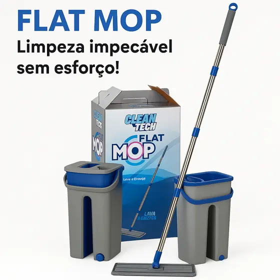 Kit Mop Flat Giratório 360º Balde Lava e Seca 2 Refis Microfibra Rodo Mágico Limpeza Prática Rápida