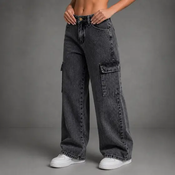 Calça Jeans Feminina Wide Leg Cargo Preta grafite  pantalona Cintura Alta Look Moderno Tendência Atual 10-16 pantalona
