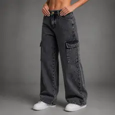 Calça Jeans Feminina Wide Leg Cargo Preta grafite  pantalona Cintura Alta Look Moderno Tendência Atual 10-16 pantalona