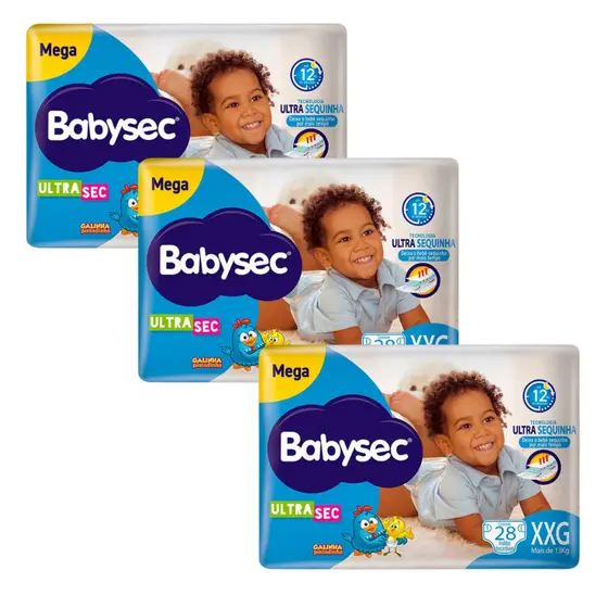 Kit com 3 Fraldas Babysec Galinha Pintadinha Ultrasec XXG 28 Unids Sem Gênero
