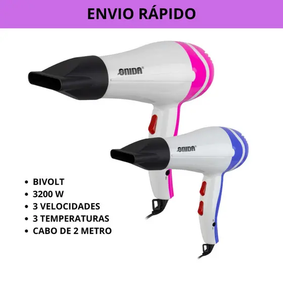 Secador de Cabelo Onida ON-061 Potente 3200W BIVOLT 3 Velocidades Azul ou Rosa