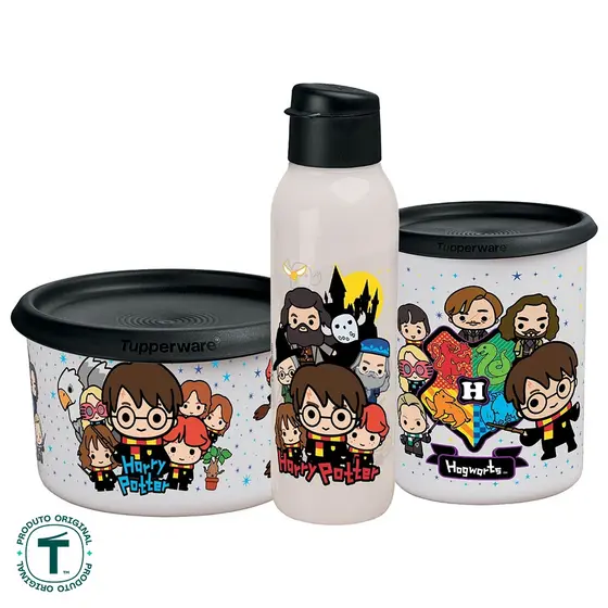 Kit Potes e Garrafa Tupperware Harry Potter Instantânea Mágica Colorida 3 Peças