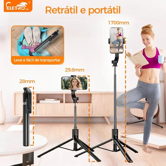 Tripé para Selfie de celular, controle remoto Bluetooth, suporte portátil para viagem de 1.7 m/1.3 m/1 m