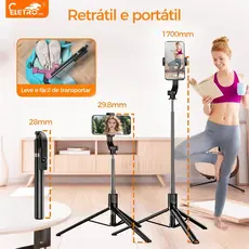 Tripé para Selfie de celular, controle remoto Bluetooth, suporte portátil para viagem de 1.7 m/1.3 m/1 m