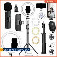 Kit Ring Light 26cm Tripé Microfone Lapela Bluetooth Controle Selfie Vídeos e Fotos Profissionais