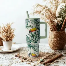Copo Térmico 1200ml Fauna Tropical Inox com Tampa e Canudo Reutilizável – Estilo Verão