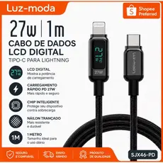 Cabo Tipo-C ou Lightning 27W Display Digital LCD 1M Carregamento Rápido Luz-moda