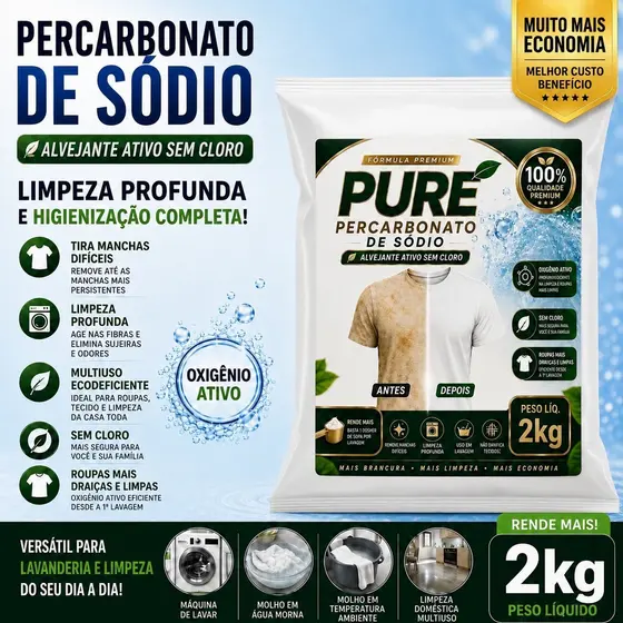 Percarbonato 100% Puro Tira Manchas Roupas Brancas e Coloridas