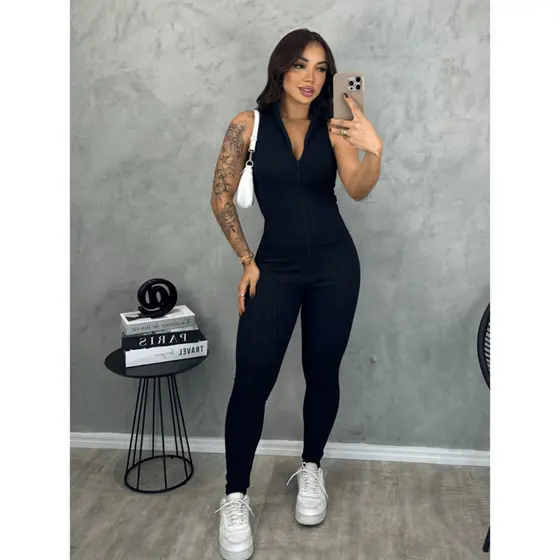 Macacão Feminino Regata Com Zíper Justo Canelado 3D TENDENCIAS PREMIUM