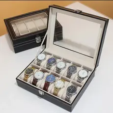 CAIXA PARA RELÓGIOS E PULSEIRAS, EM COURO SINTÉTICO, C/10 DIVISÓRIAS.