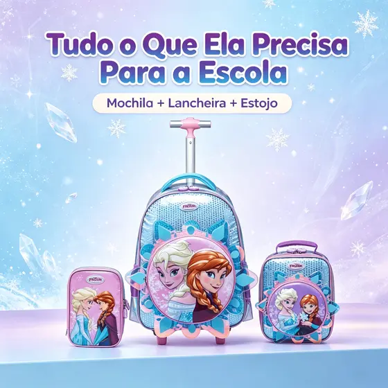 Kit Mochila Rodinhas Frozen Escolar Infantil Lancheira Estojo