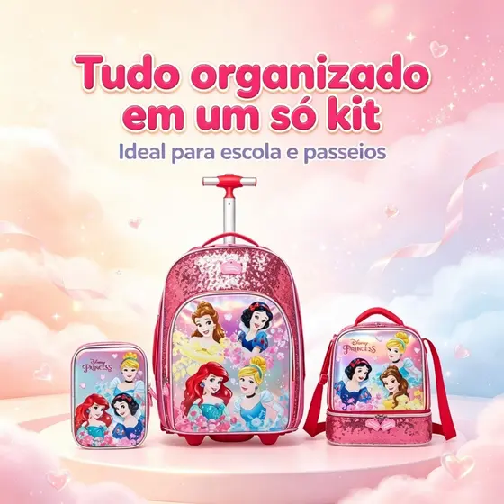 Kit Mochila de Rodinhas Princesas Escolar Infantil Menina Disney