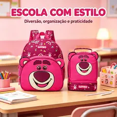 Kit Mochila De Costas Lancheira Infantil Lotso Escolar Passeio