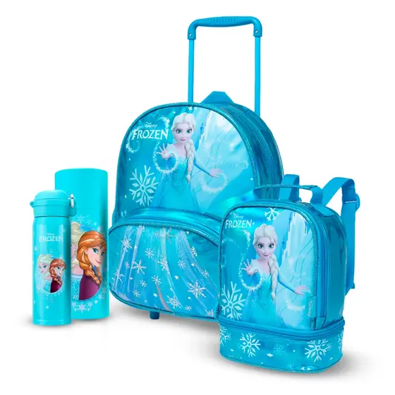 Kit Escolar Elsa Frozen Mochila Rodinha Garrafa 480ml Lancheira Térmica Disney Infantil Pré-Escolar