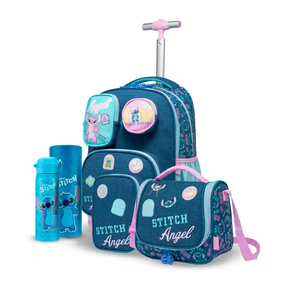 Kit Mochila Rodinha Stitch Disney Escolar Garrafa Estojo Lancheira Espaçosa