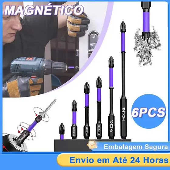 Jogo 6Pcs Bits Magnético Ponteira Philips Parafusadeira Ph2 Imantado Antiderrapante Imã Sextavado