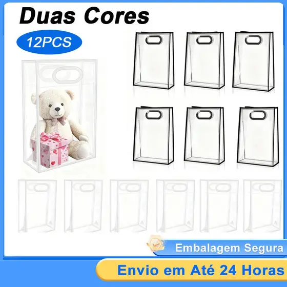 Kit 12 Sacolas Plástica Transparente De Pp Reutilizáveis Com Borda Design