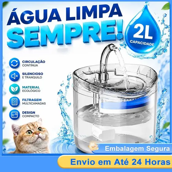 Fonte Água Automática para Gatos 1.8L Sensor Inteligente Filtro Triplo Bebedor Silencioso para Animais Estimação