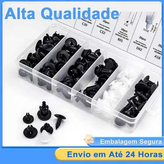 Kit 100 Pcs Clipe de Fixação Automotivo Universal com 6 Tamanhos - Preto