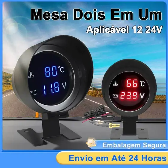 Medidor 2 em 1 Temperatura Água + Voltímetro Digital LED | Universal 12V/24V | Alarme | Para Carro/Moto