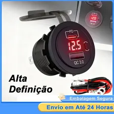 Carregador Veicular Tomada Usb Tipo C Pd3.0 Duplo Carro Voltimetro