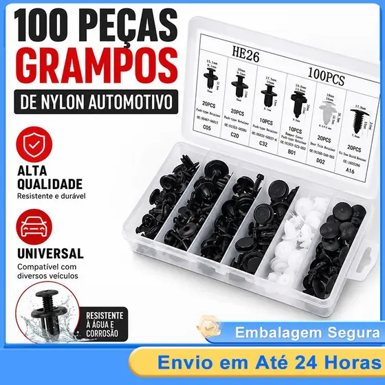 Kit 100 Grampo Presilha Automotiva Prendedor Hibrido Clipes Fixação Peças Pino Parachoque Carro Universal