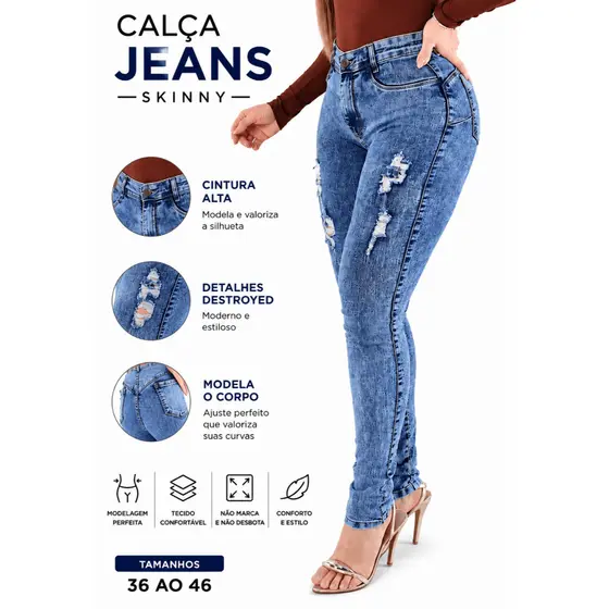 Calça Jeans Feminina Clara Marmorizada destroyed Skinny Cintura Alta Com Lycra Empina Bumbum