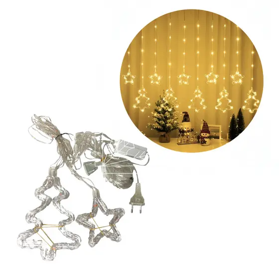 Pisca Cortina Cascata LED Amarelo Estrela e Arvore Natalina Bivolt Altomex AL-4866 (Amarelo)