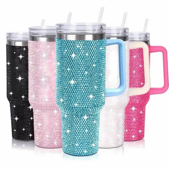 Copo Térmico 1200ml Com Strass Brilhante Com Alça Tampa E Canudo de Plastico ou metal